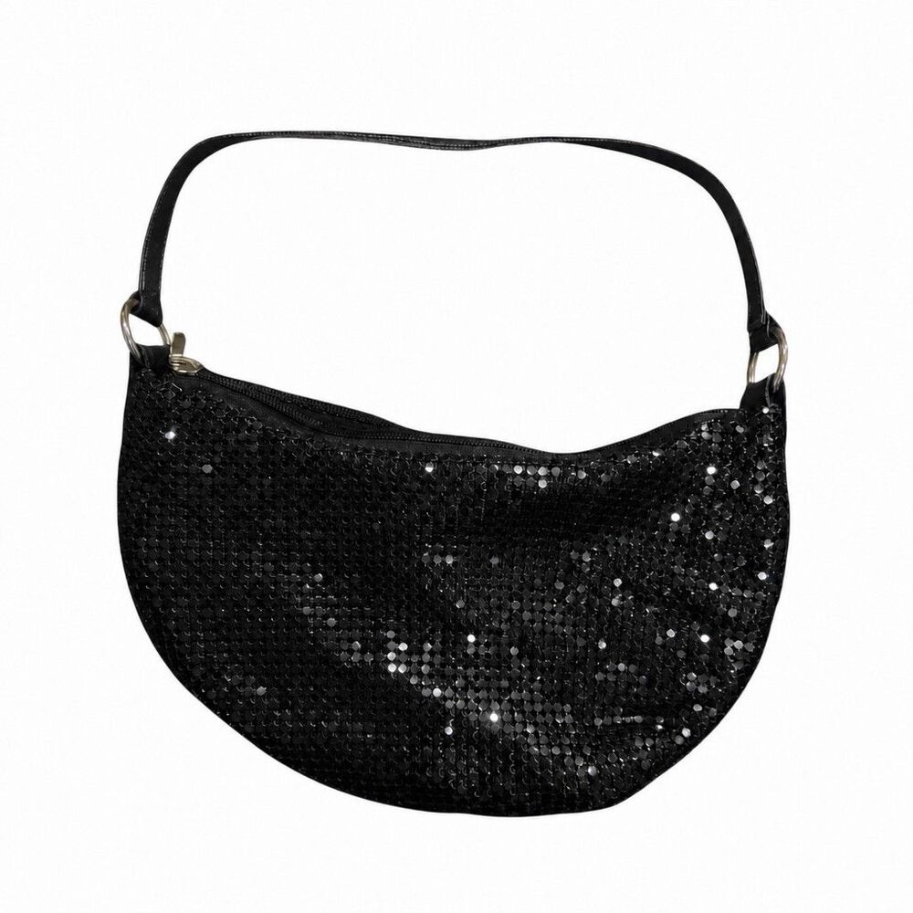Black Sequin Shoulder Bag Crescent Shape Evening Purse